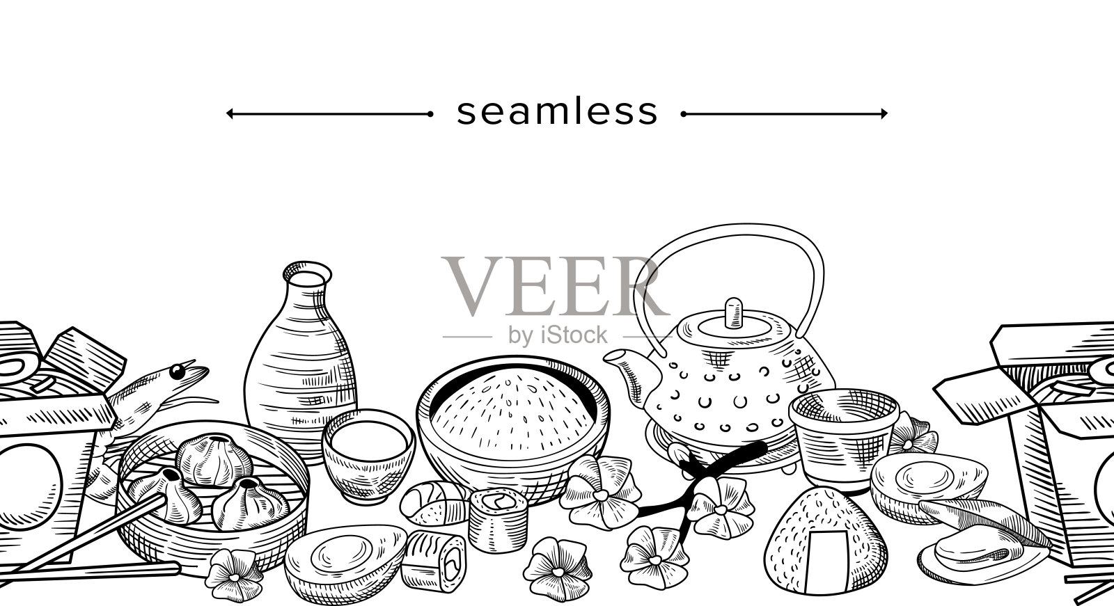 涂鸦无缝模式与亚洲食物，中国或日本手画饺子，米饭，锅盒面条，鳄梨插画图片素材