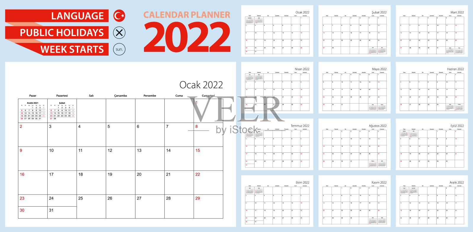 2022年土耳其日历规划师。土耳其语，一周从周日开始。设计模板素材