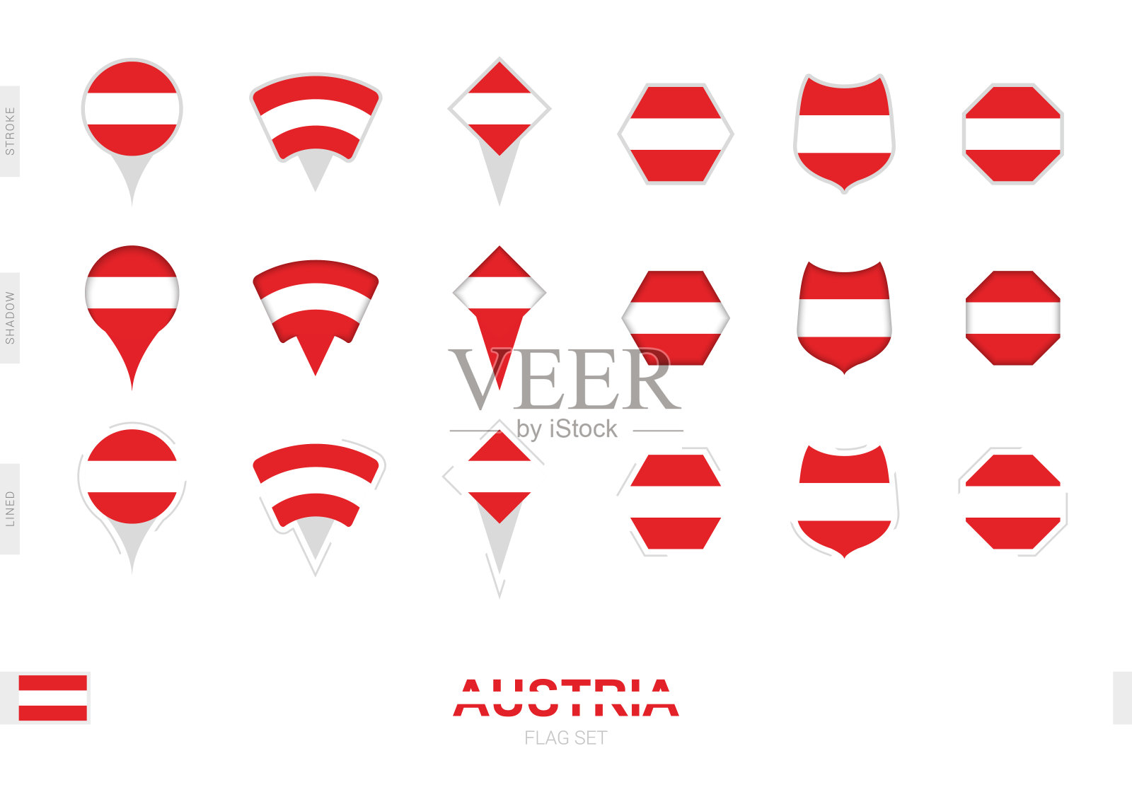 收集奥地利国旗在不同的形状和三种不同的效果。插画图片素材