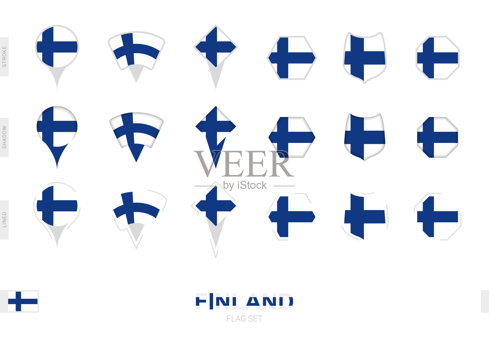 收集的芬兰国旗在不同的形状和三种不同的效果。插画图片素材