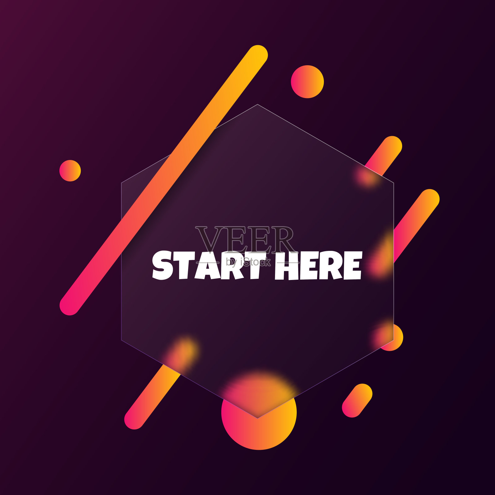 从这里开始。语音气泡横幅与开始这里的文本。Glassmorphism风格。用于商业、营销和广告。孤立背景向量。每股收益10插画图片素材