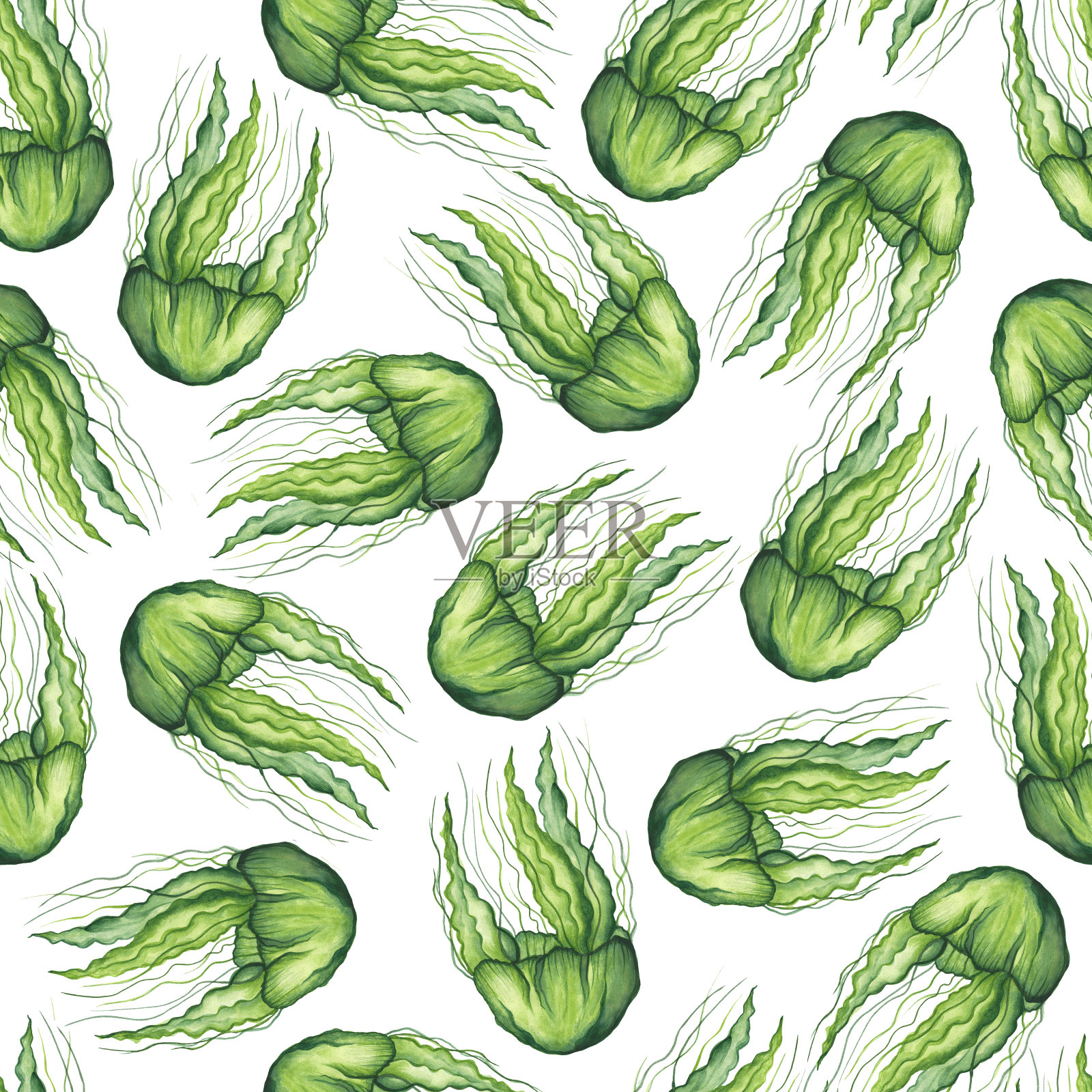 无缝图案与可爱的绿色透明的水母在白色的背景。海洋生物。水彩插图。墙纸，纺织品，包装纸。设计元素图片