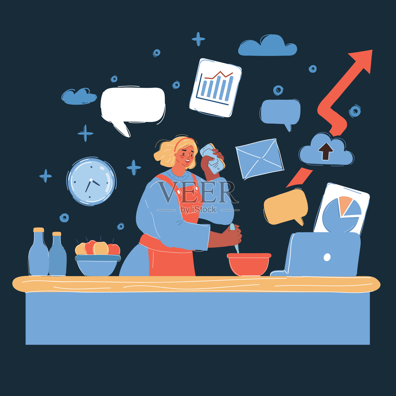 矢量插图的多任务妇女，谁在家里工作和做饭在同一时间。黑暗背景下的人物性格。插画图片素材