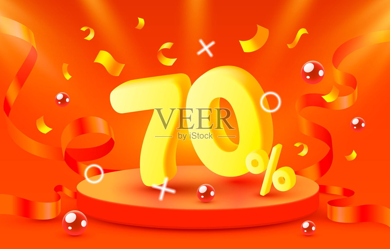 70年了。折扣创造性的成分。3d销售标志与装饰对象，金色的五彩纸屑，讲台和礼盒。销售横幅和海报。向量设计模板素材