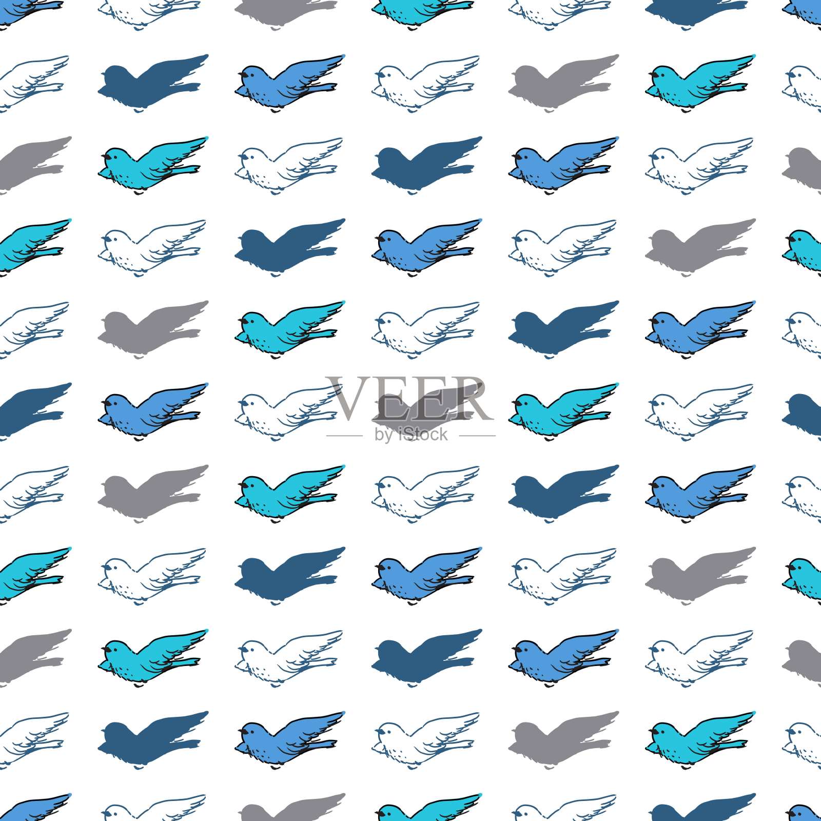 抽象无缝模式与鸟类卡通矢量剪影和线条艺术插画图片素材