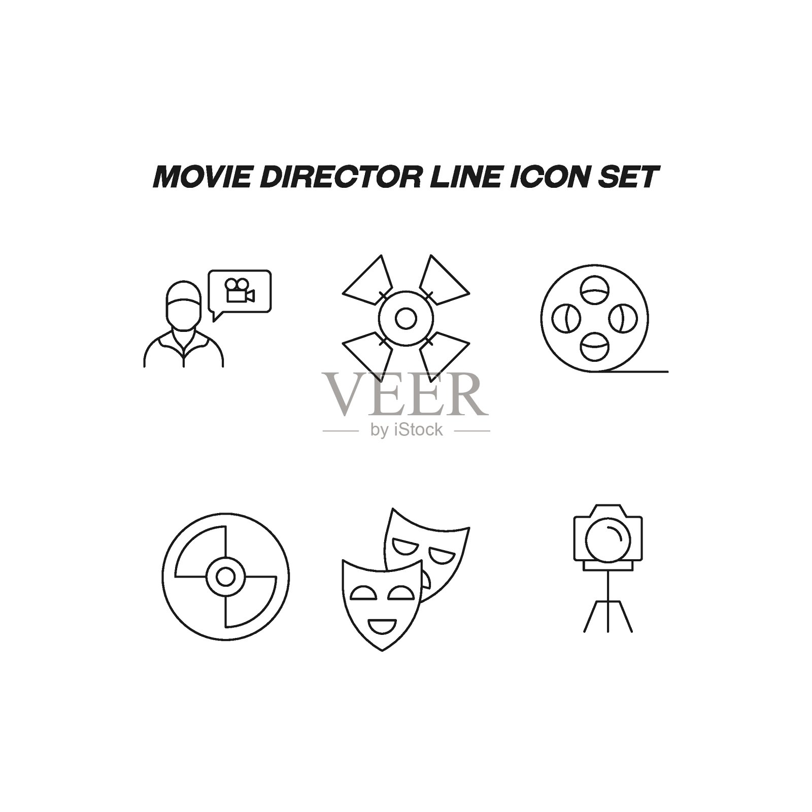 摄影的概念。电影线图标集。为网站，网上商店和商店，书和传单在时髦的平面风格矢量标志的收集。优质图标孤立在白色背景图标素材