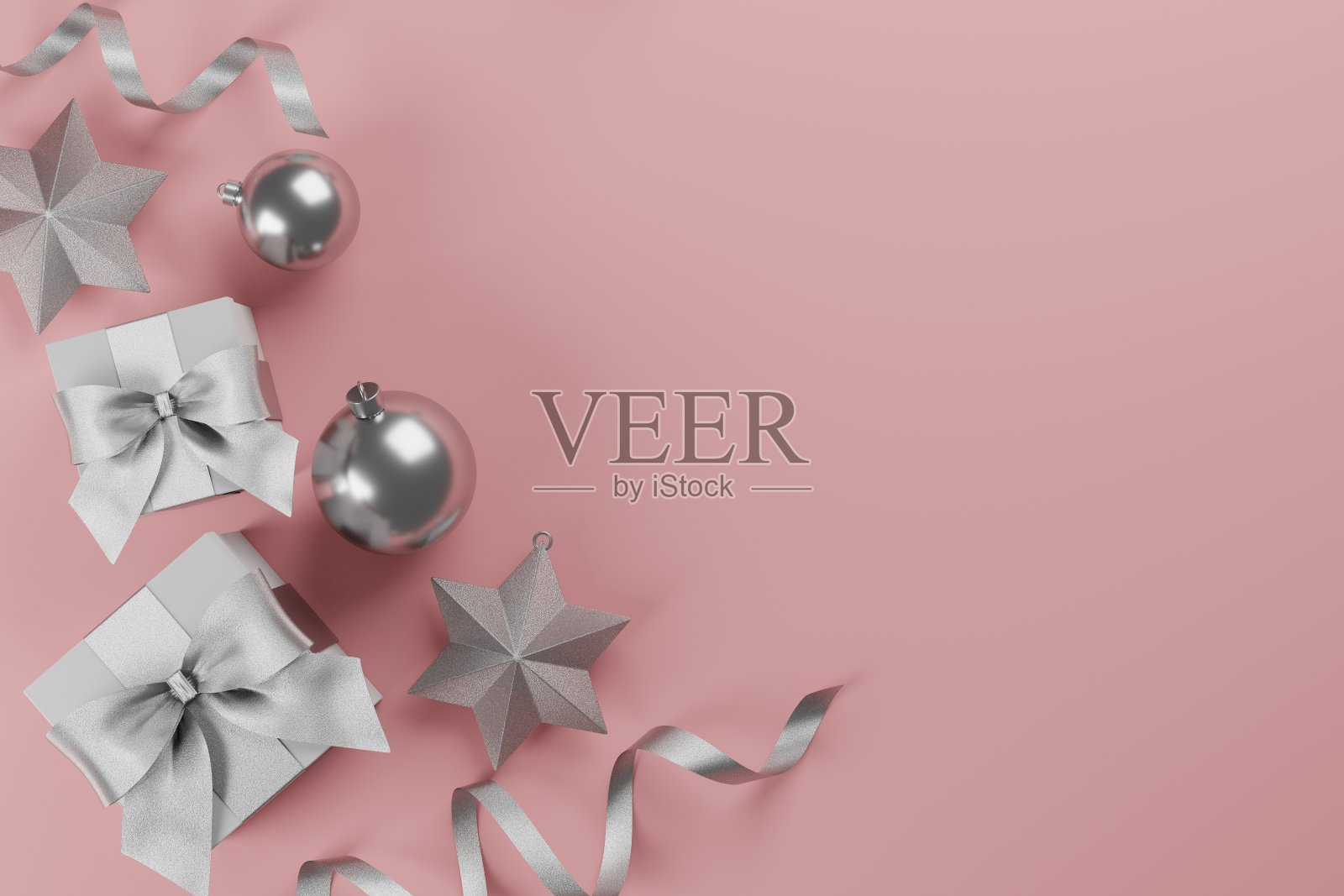 圣诞节和新年礼物与五彩纸屑和装饰。横幅设计3D插图照片摄影图片