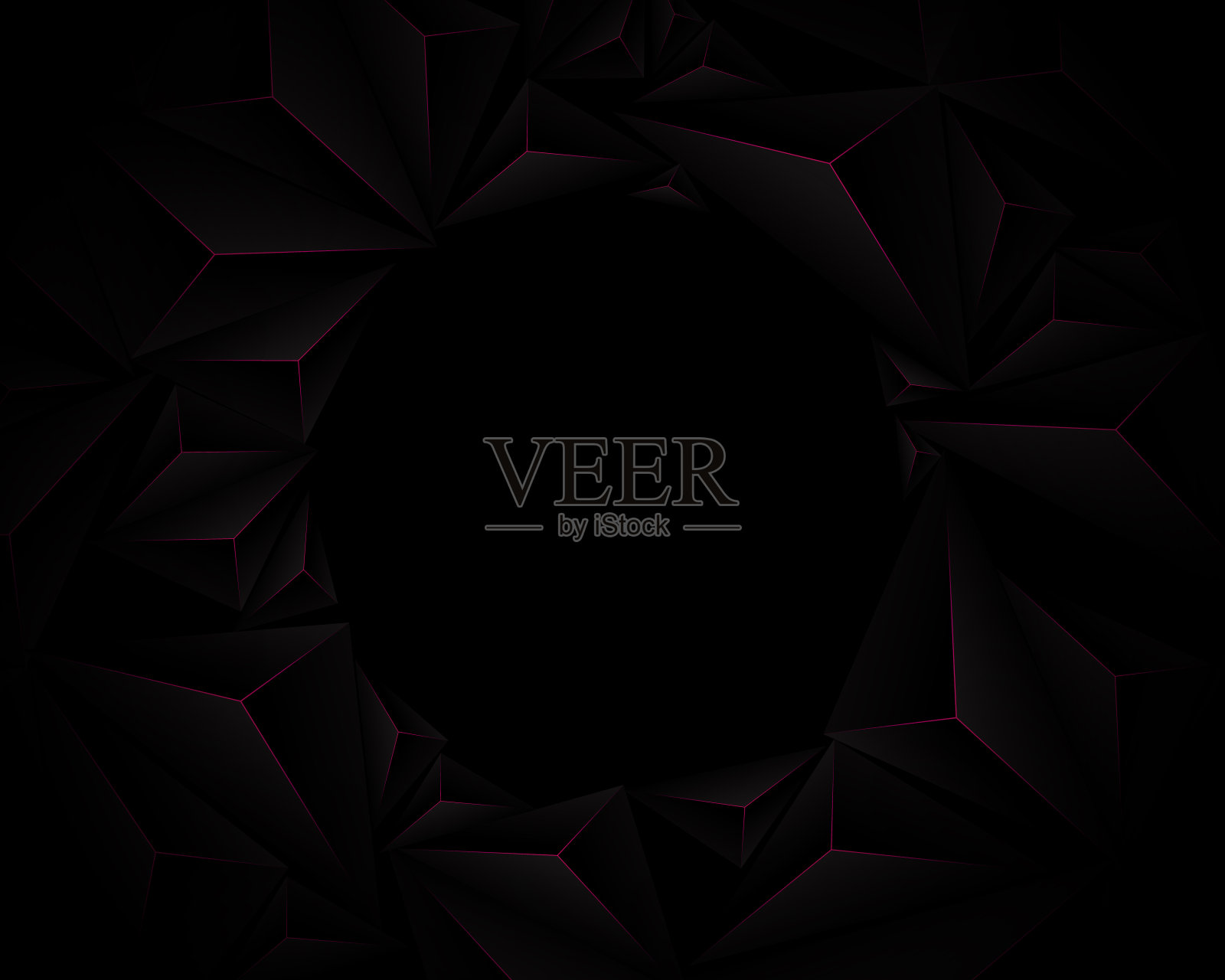 抽象三维多边形形状与黑色保持空间背景。黑色和粉红色辉光线与未来科技数码高科技概念背景插画图片素材