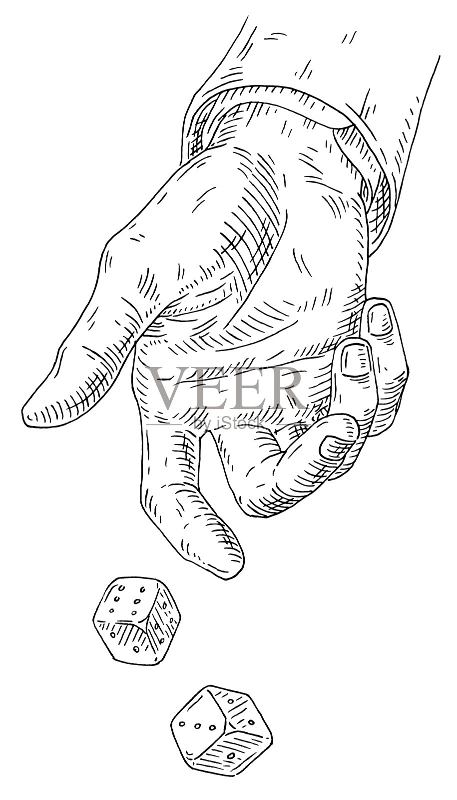 男手掷两个白骰子。复古矢量雕刻单色黑色i插画图片素材