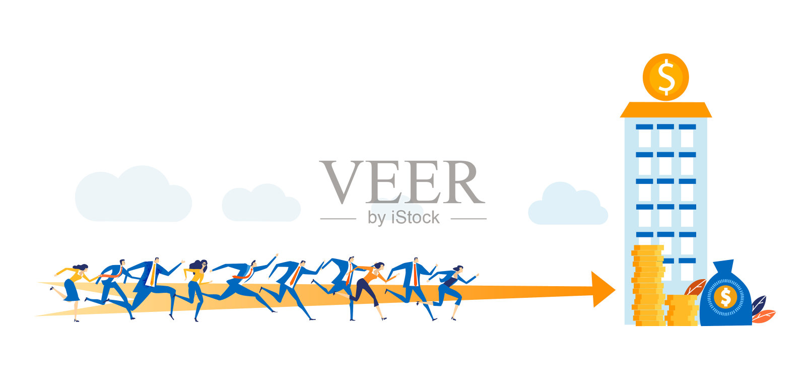 一群年轻的专业人士积极地向银行大楼跑去。收入、事业、专业竞争插画图片素材