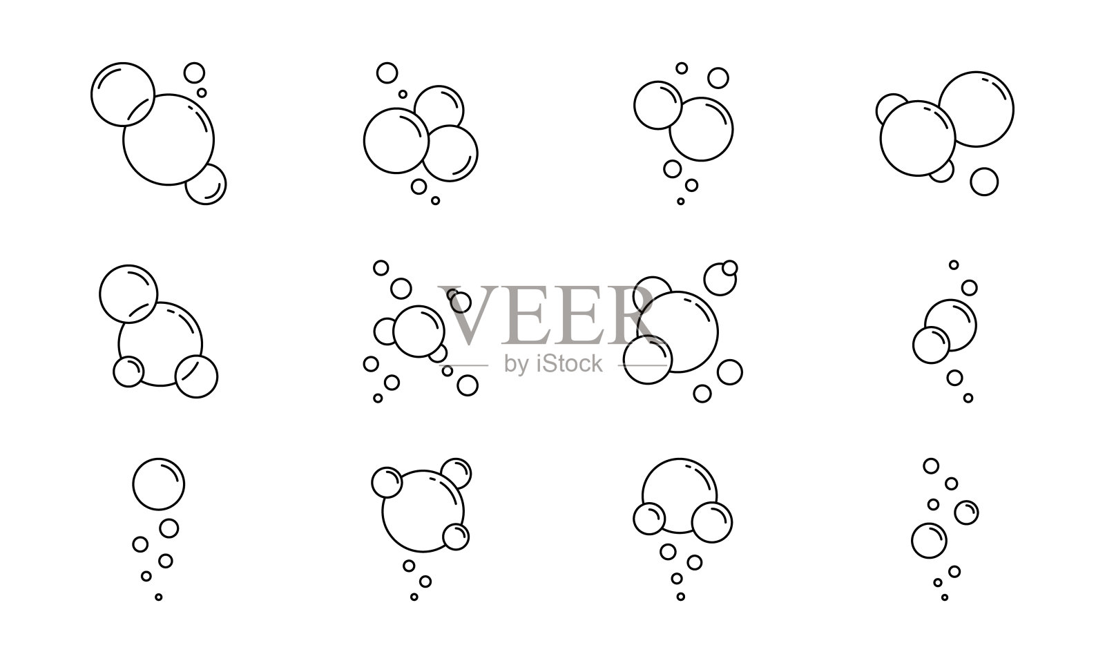 圆形泡沫或汤线图标设置。采购产品汽水，苏打水，洗衣，香槟，清洁线性象形文字。圈肥皂泡香皂轮廓图标。孤立的矢量图插画图片素材