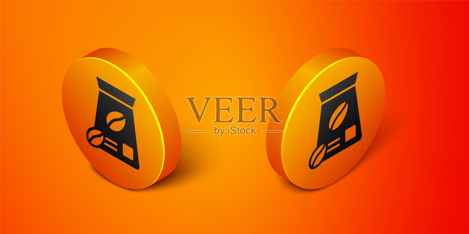 等距袋的咖啡豆图标孤立的橙色背景。橙色圆按钮。向量插画图片素材