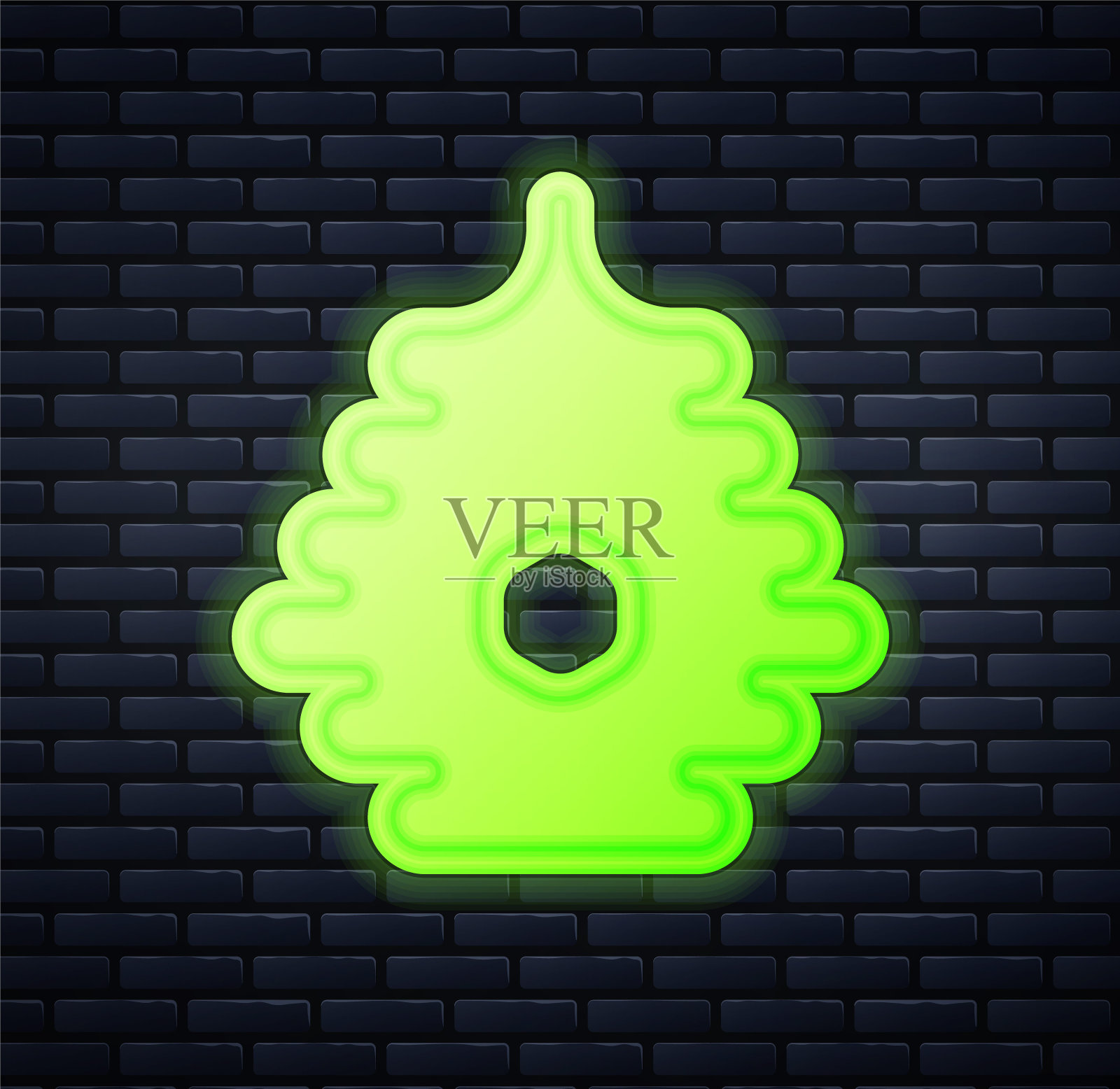 发光的霓虹灯蜂箱蜜蜂图标孤立在砖墙背景。蜂巢的象征。养蜂场和养蜂。甜蜜的天然食品。向量插画图片素材