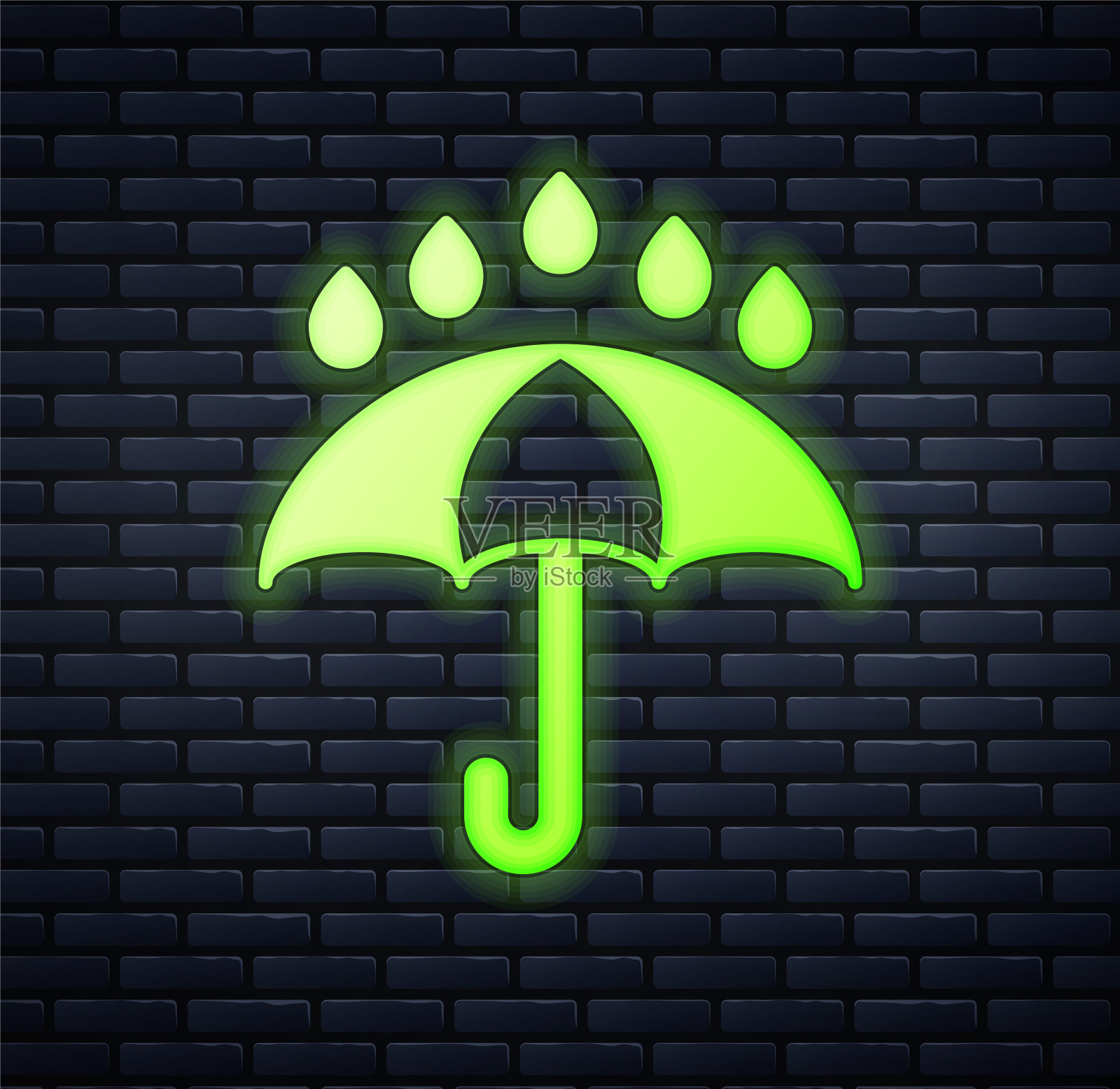 发光的霓虹灯伞和雨滴图标孤立在砖墙背景。防水图标。保护、安全、安全理念。耐水的象征。向量插画图片素材