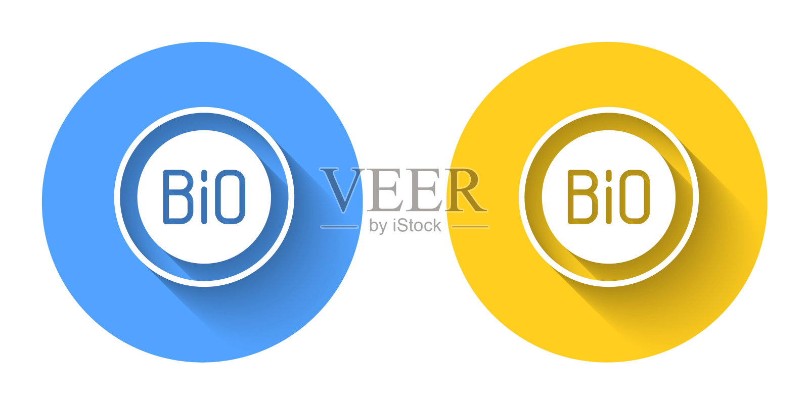 白旗，标签，标签，标志为生物绿色健康食品图标与长阴影背景隔离。有机产品。健康食品标签。圆按钮。向量图标素材