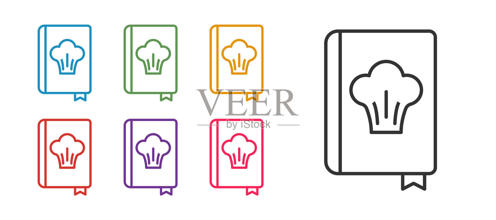 设置行Cookbook图标隔离在白色背景。烹饪书图标。菜谱的书。叉和刀的图标。餐具的象征。设置图标丰富多彩。向量插画图片素材