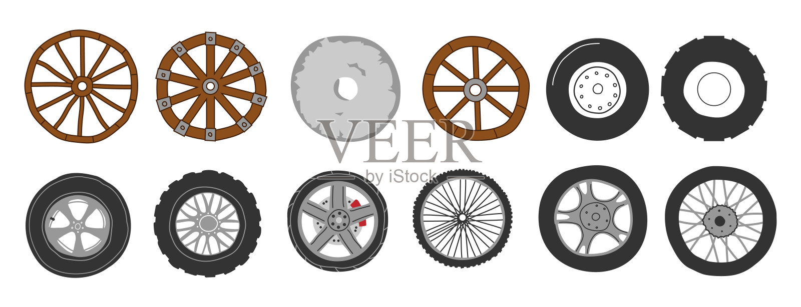 运输轮子。涂鸦汽车、摩托车和自行车轮胎。不同的汽车轮辋和轮胎类型。古老的欢迎。木、金属和石头圈发明。矢量车辆部件组设计元素图片