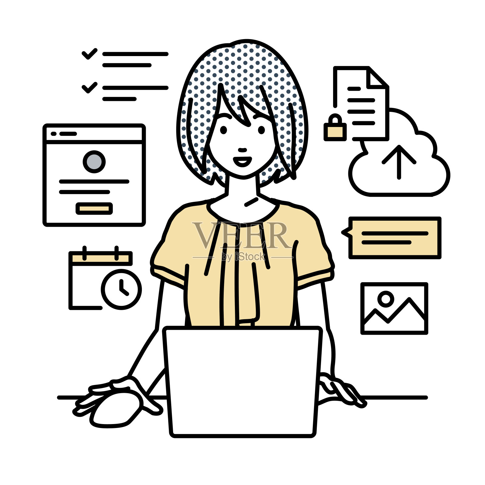 一名女性在非正式的工作风格使用笔记本电脑浏览网站，研究，在云上共享文件，日程安排，管理项目，组织任务，并在她的办公桌上与团队沟通插画图片素材