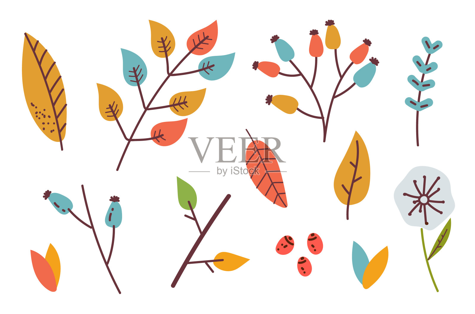 秋天花叶孤立集。矢量平面卡通平面设计插图插画图片素材