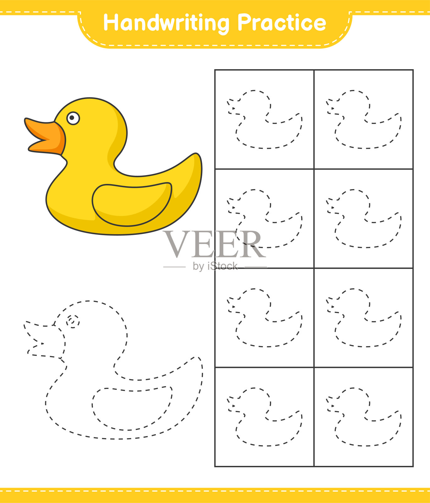 书法练习。画橡皮鸭的线条。教育儿童游戏，可打印的工作表，矢量插图插画图片素材