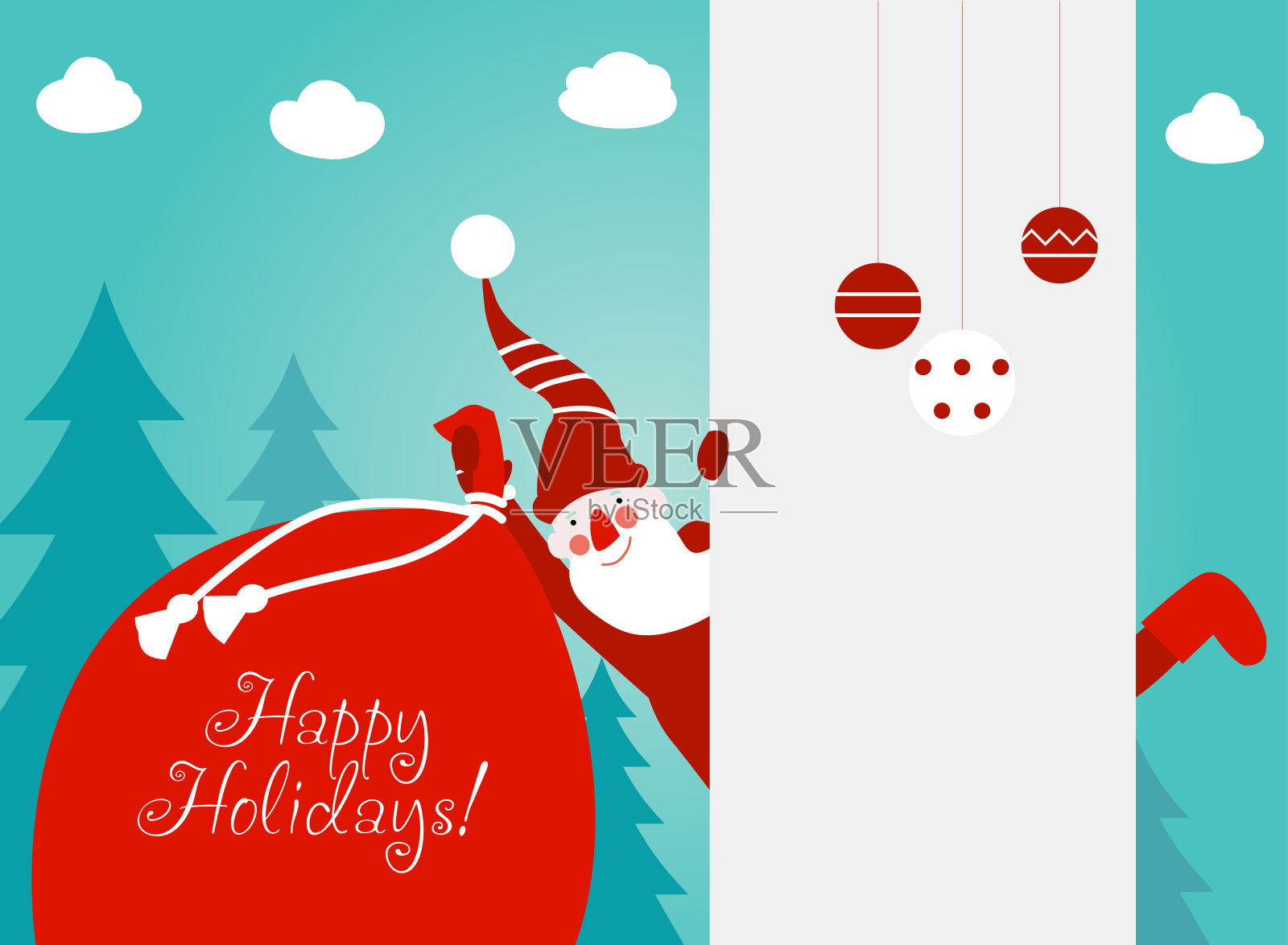 圣诞老人在白色旗帜后面玩得很开心。可爱的圣诞节和快乐的假期矢量插图卡插画图片素材