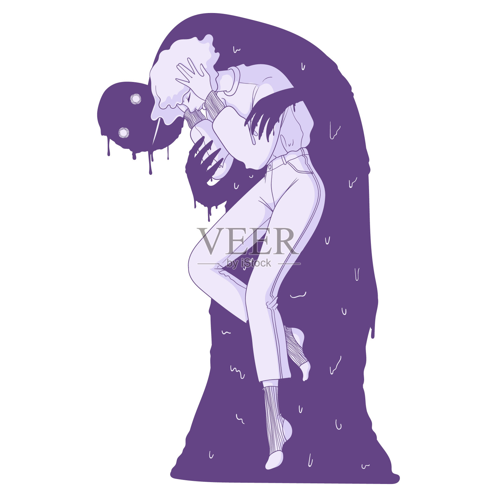 抱着头的年轻女孩。精神健康和精神障碍概念。精疲力竭的手绘卡通人物，与白色背景隔离。抑郁和冷漠矢量图。插画图片素材