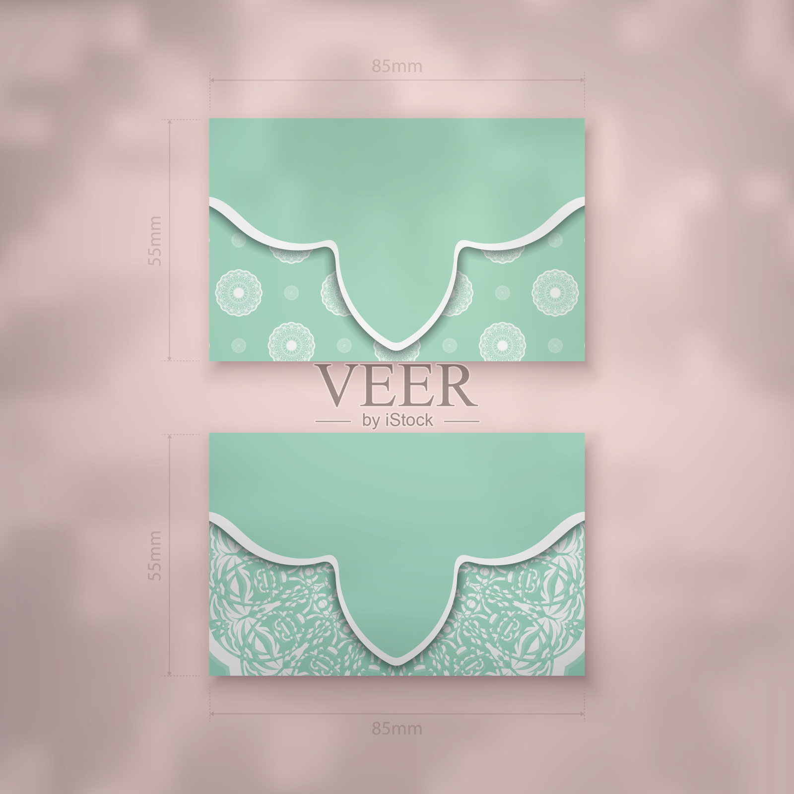 薄荷颜色的名片模板与古老的白色图案为您的业务。设计模板素材