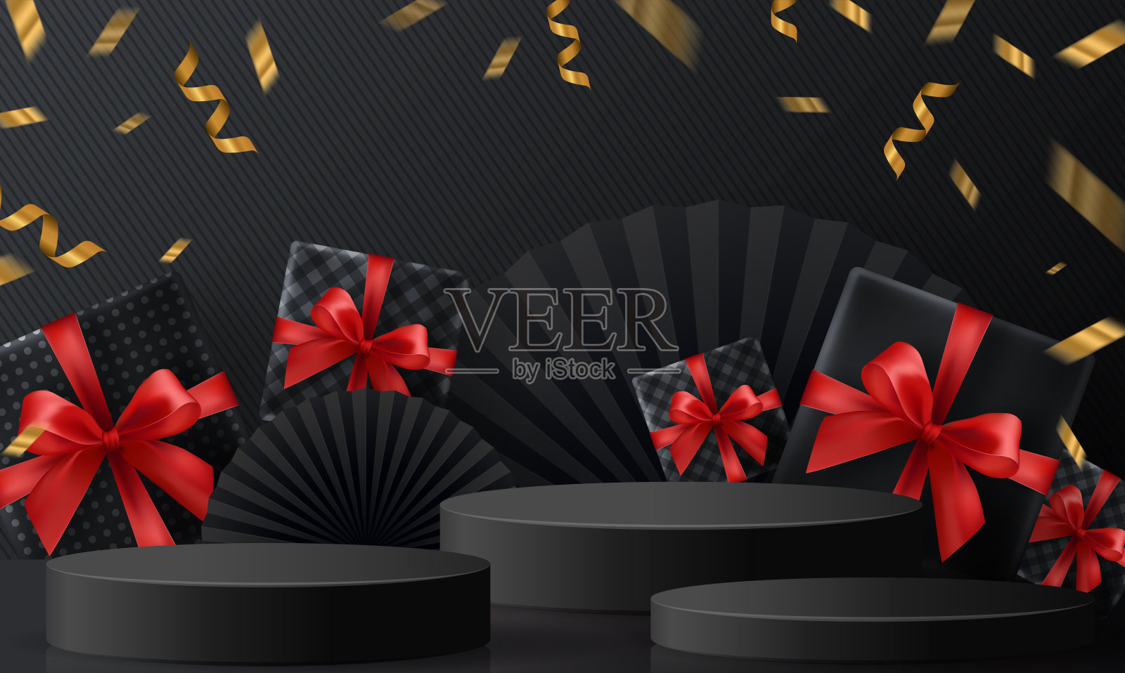 黑色星期五背景礼盒，红色丝带和金色飘浮丝带与工艺风格。设计模板素材