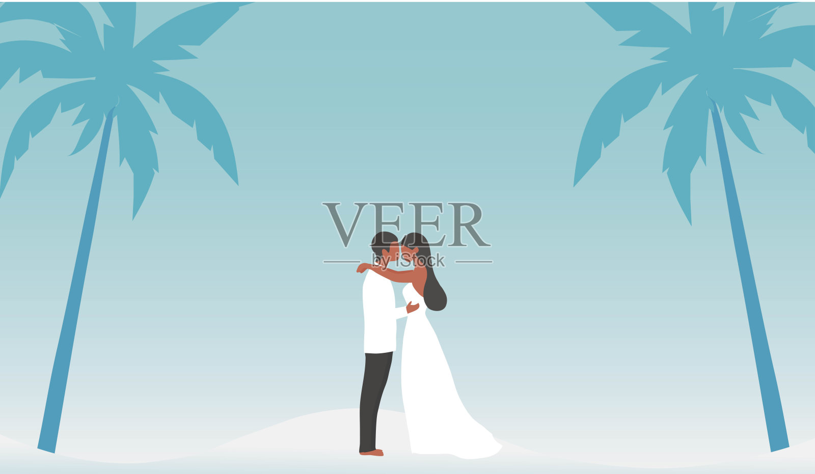 爱的夫妇接吻和拥抱在沙滩上的夏天背景矢量插图插画图片素材