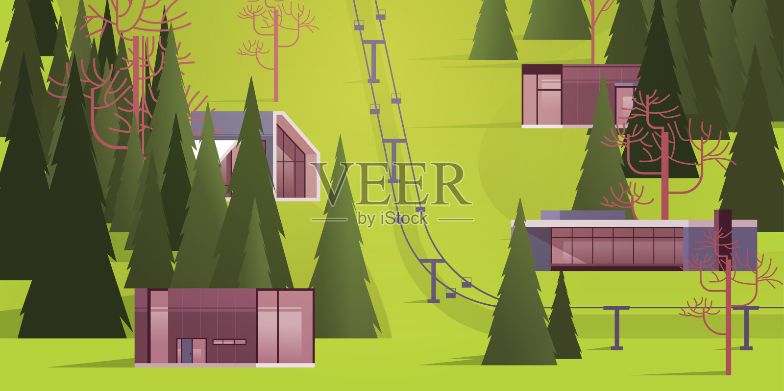 索道位于山区住宅区、滑雪场夏季景观背景水平插画图片素材