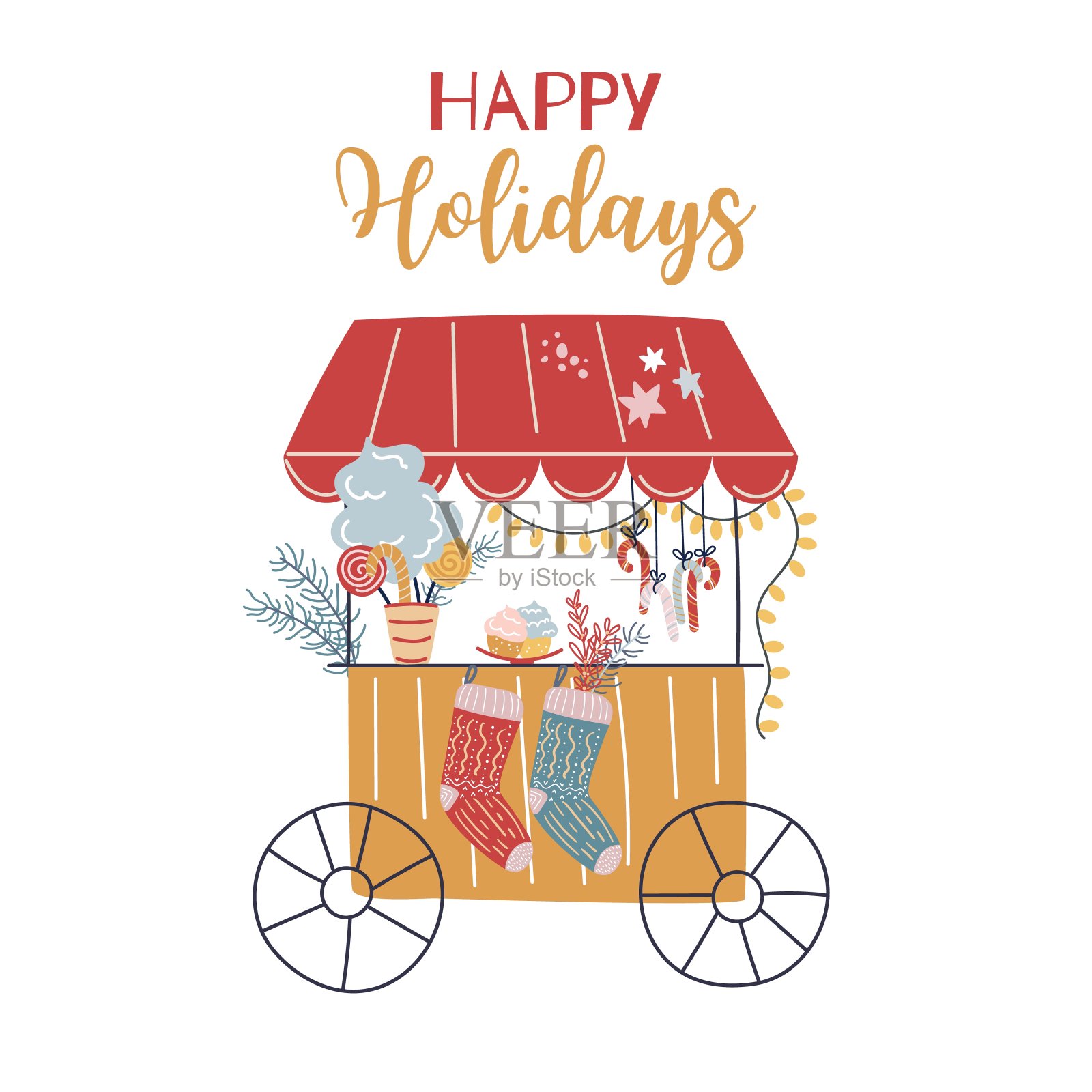 可爱的卡通圣诞摊档手画幼稚的斯堪的纳维亚风格。圣诞市场推车。可爱的节日装饰和礼物。可爱的节日传统。圣诞贺卡。节日快乐插画图片素材