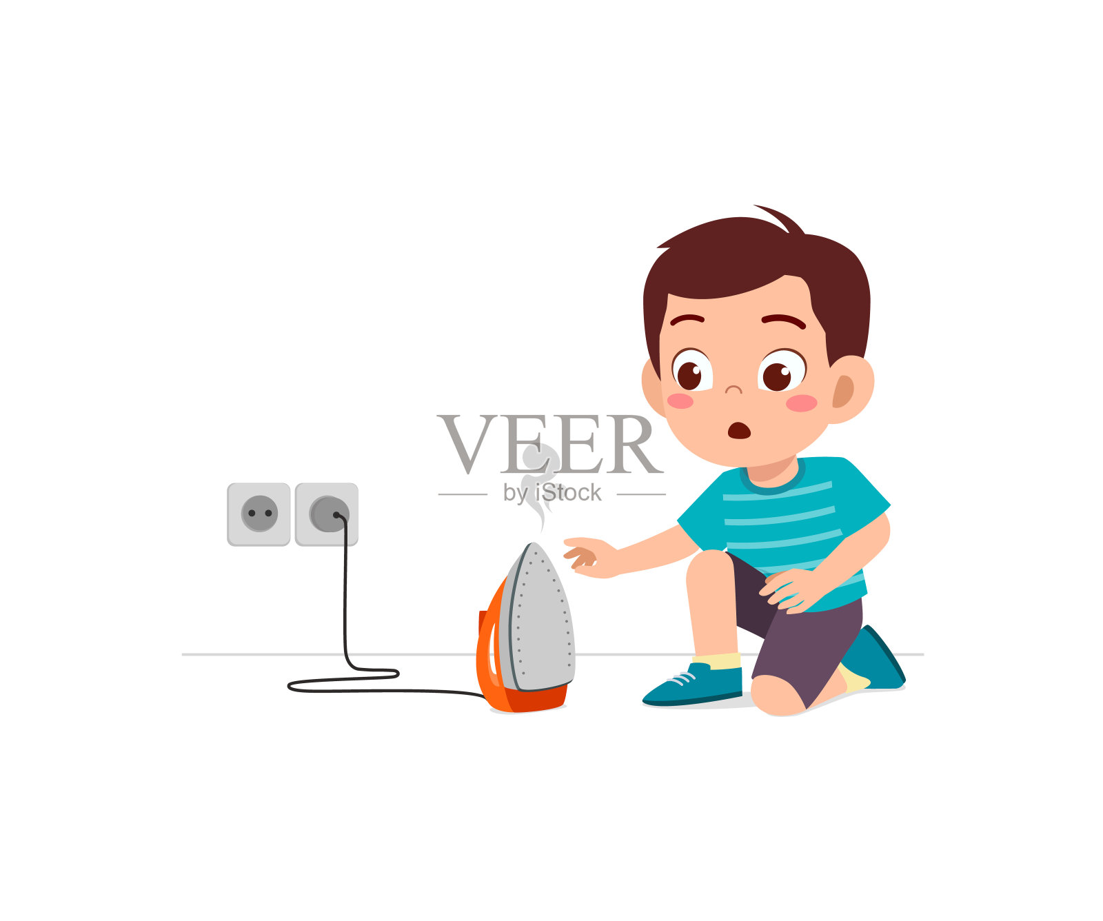 小男孩好奇地想触摸热的电熨斗设计元素图片