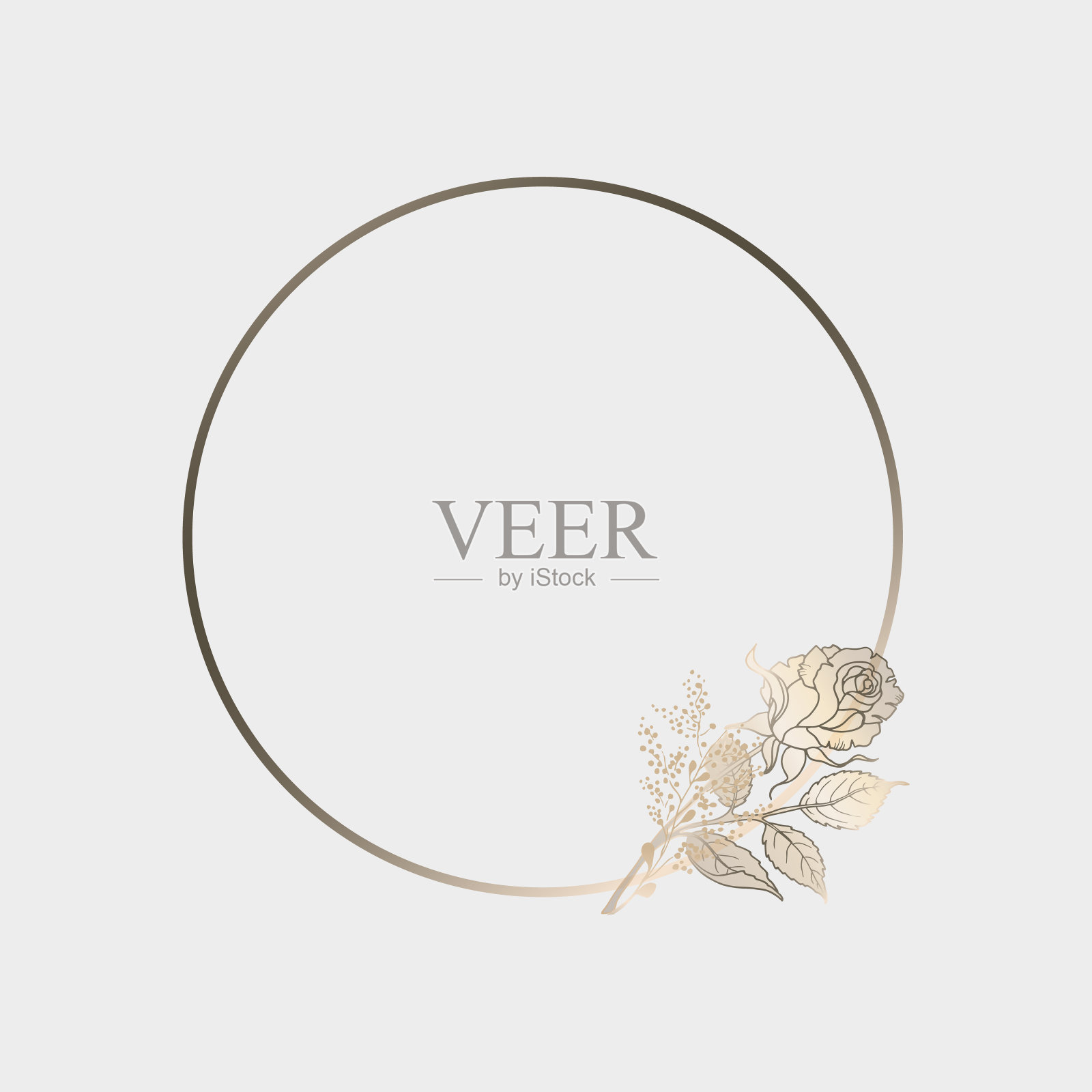 圆形的金镜框上有一朵玫瑰。矢量标志，玫瑰花蕾标志。美甲工作室，化妆品包装，美容工作室，美发师，水疗中心。矢量文件。设计元素图片