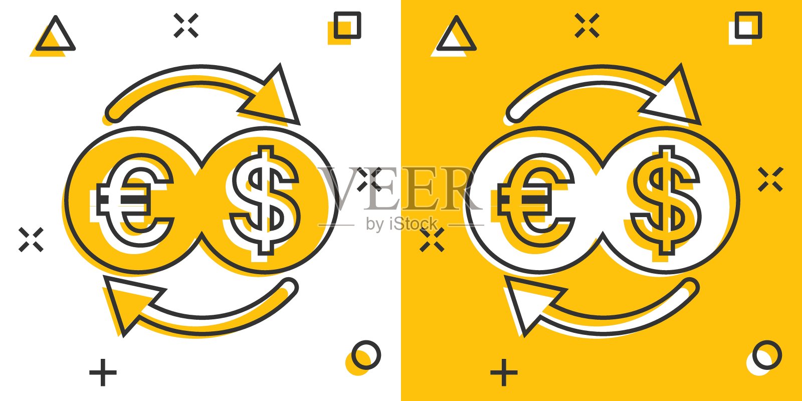 漫画风格的货币兑换图标。美元欧元转移卡通矢量插图在白色孤立的背景。财务流程影响经营理念。插画图片素材