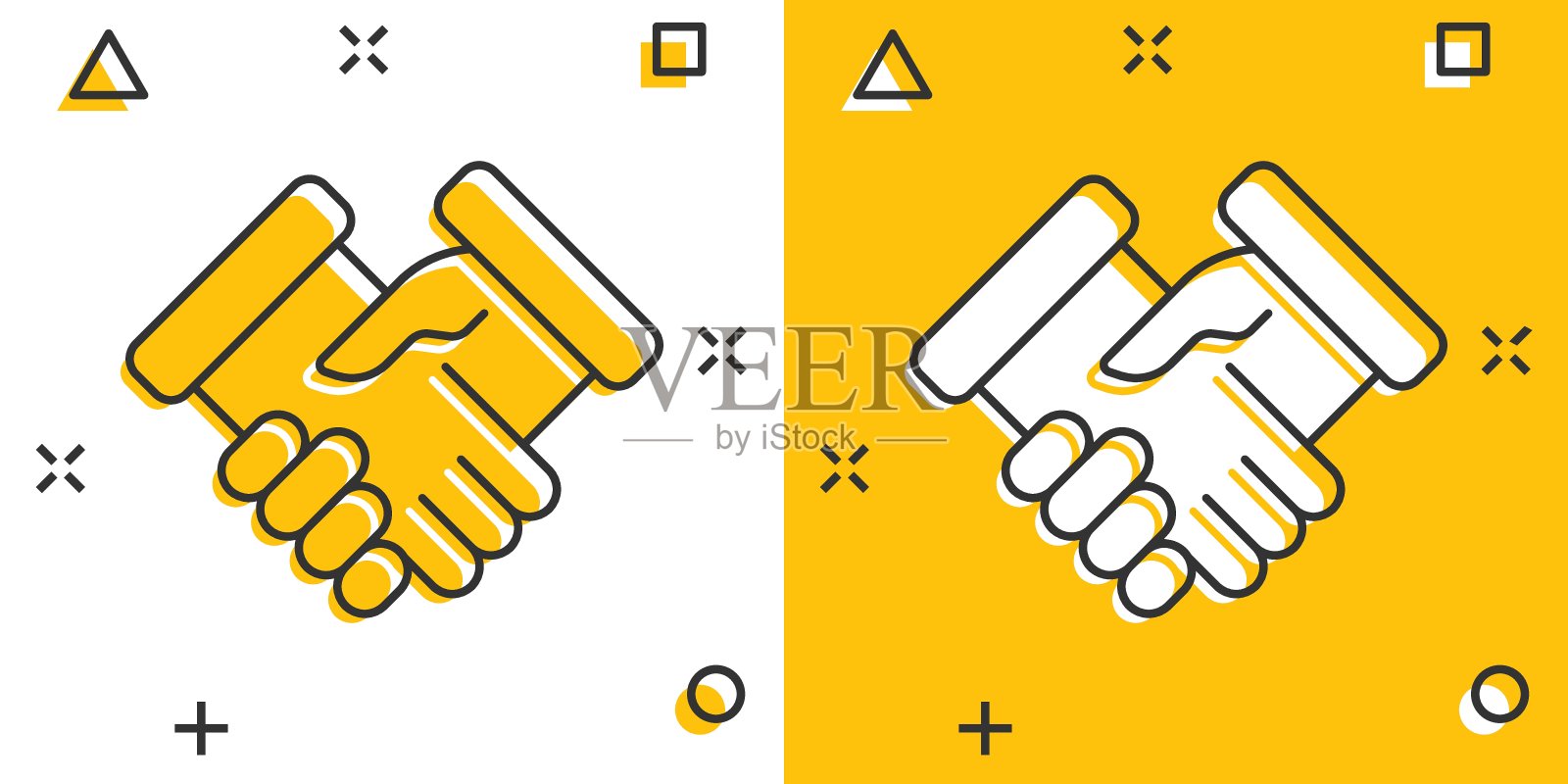 在漫画风格的握手图标。伙伴关系处理卡通矢量插图在白色孤立的背景。协议效应经营理念。插画图片素材