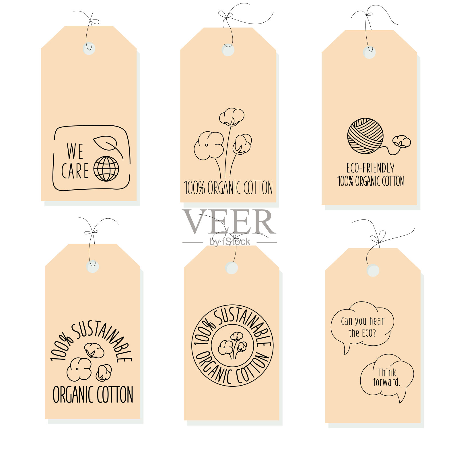 可持续纤维标签，标签设置图标和标志的生态友好，天然织物产品，服装包装。插画图片素材
