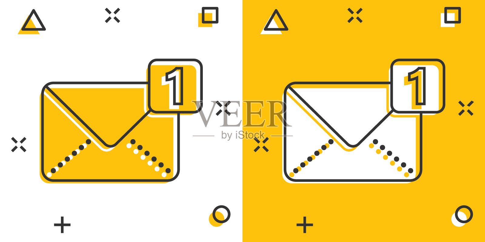 电子邮件信息图标在漫画风格。邮件文件卡通矢量插图的白色孤立的背景。消息通信影响业务概念。图标素材