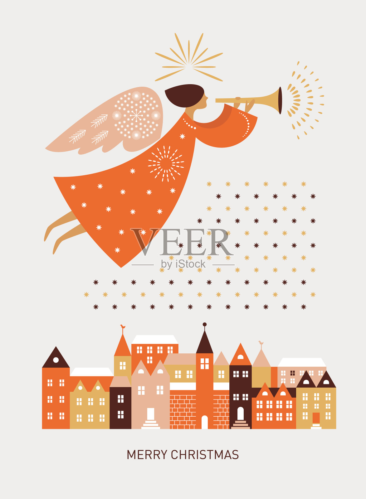 圣诞贺卡。飞翔的圣诞天使带着号角插画图片素材