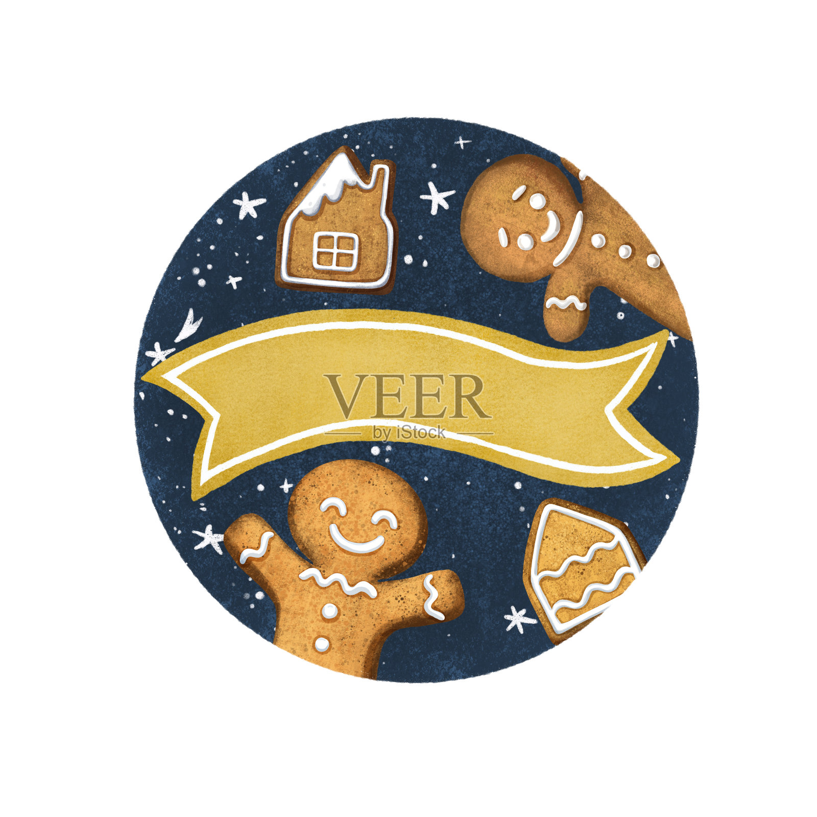 可爱的圣诞姜饼卡。节日的象征。冬季糖果。新年装饰。美味的圣诞点心。烤季装饰。传统的饼干。黑色背景。漫画风格的插图。插画图片素材