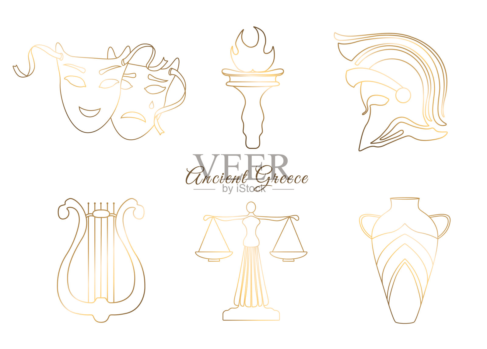 古希腊元素集。薄的线。金面具，花瓶和竖琴。老战士头盔，火炬和鳞片。神话、古希腊和罗马风格。向量元素插画图片素材