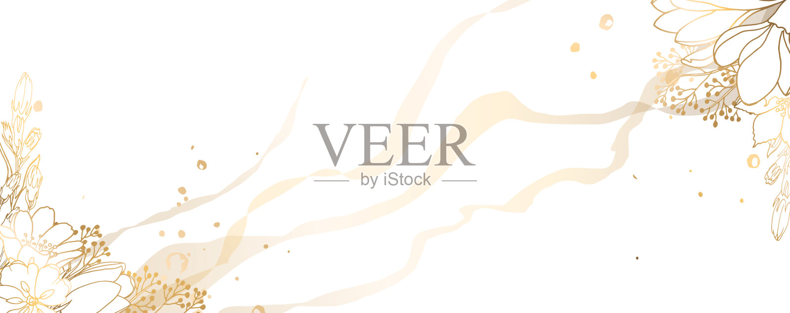 奢华的金色的壁纸。金色的叶子和花朵，有光泽的浅色纹理的墙壁艺术。现代艺术壁画壁纸。白色背景，飞溅和水彩污渍。矢量插图。插画图片素材