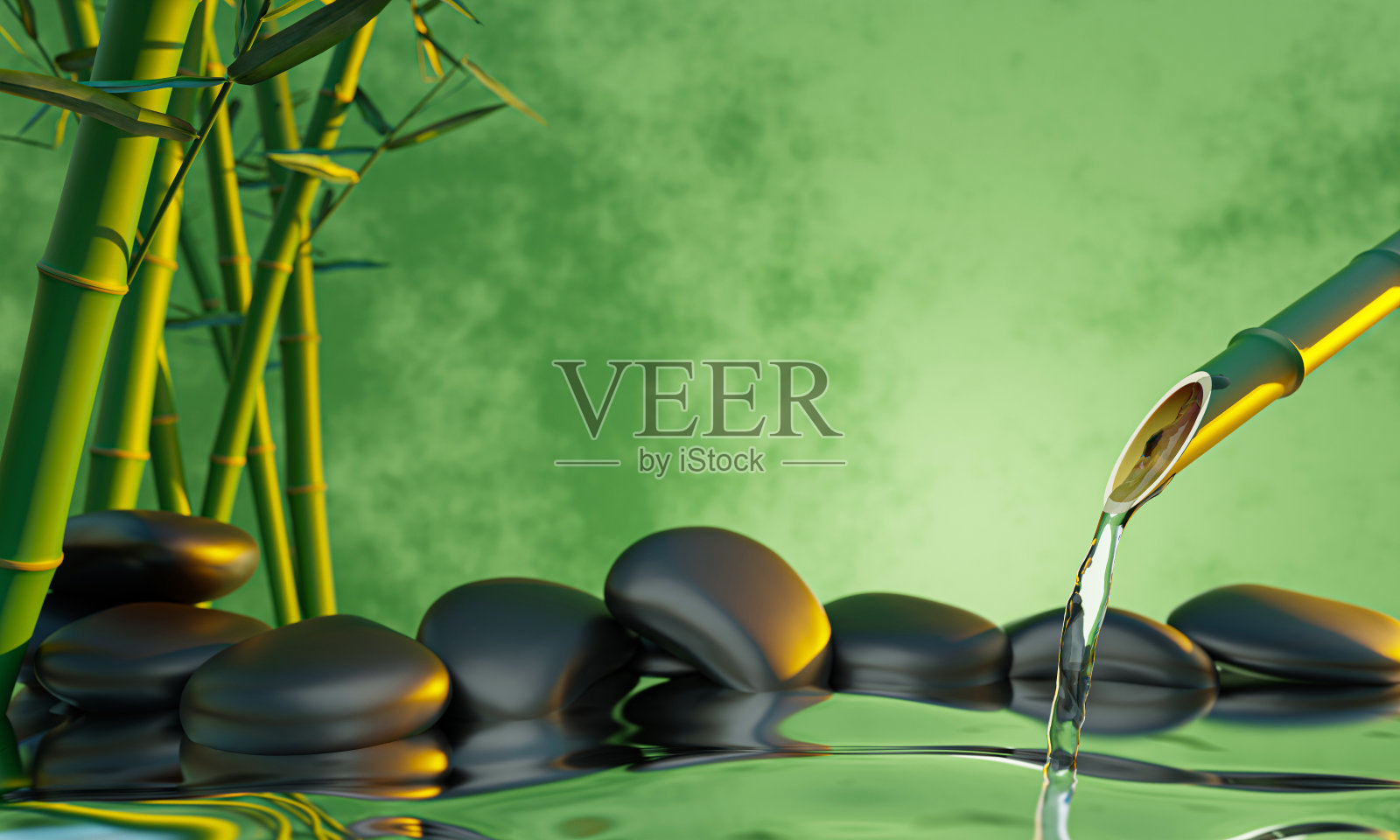 清水从竹节中流出。闪亮的黑石头重叠在一起。背景是绿色和黄色的波浪，就像水波。水疗的风格图片。三维渲染照片摄影图片