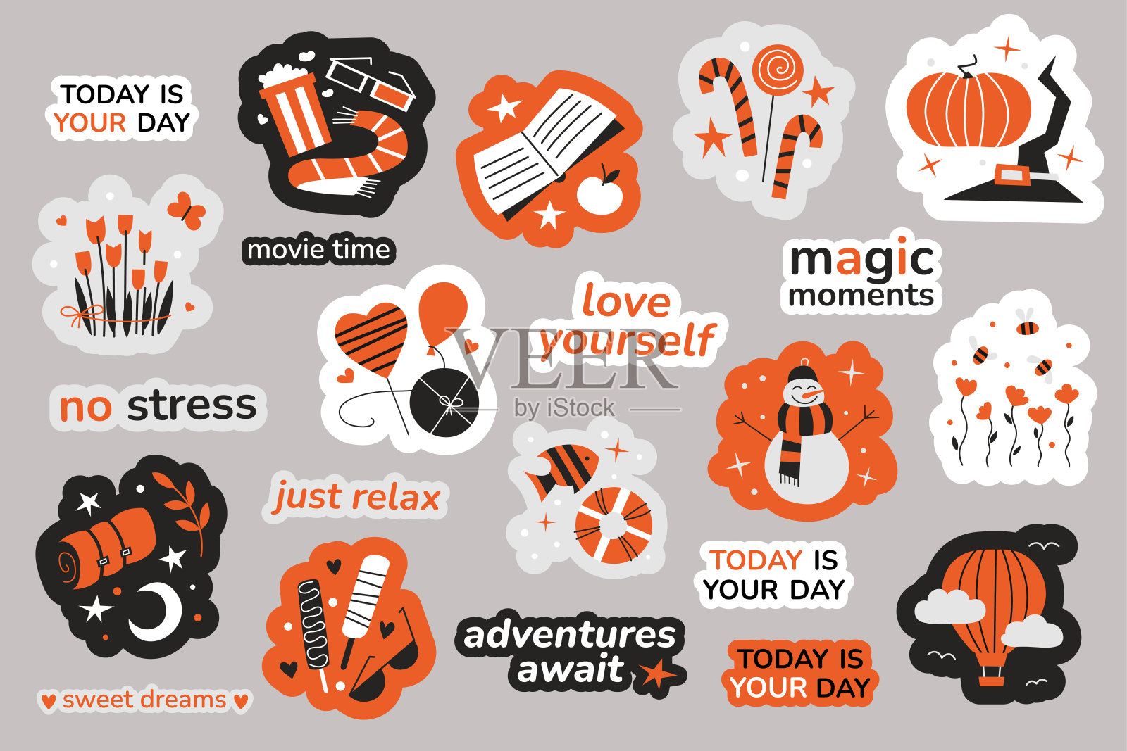 贴纸。孤立的矢量插图。记事本贴纸。雪人的心爱花气球冰淇淋露营旅行阅读电影圣诞节假期。2022年虎年设计元素图片