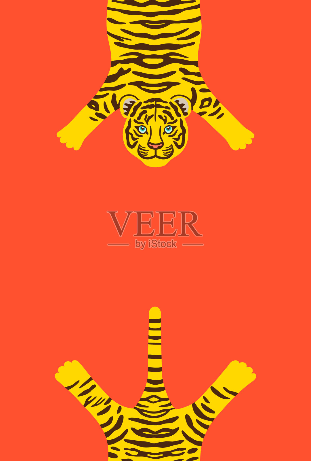 年卡插图与伸展四肢的老虎“明信片模板”。插画图片素材