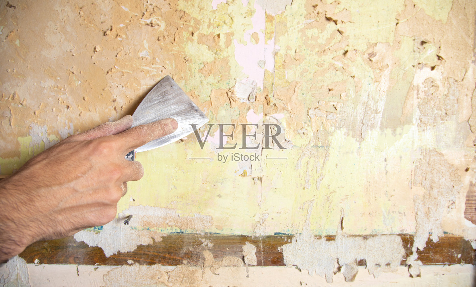 男人的手正在从墙上取下旧墙纸。照片摄影图片