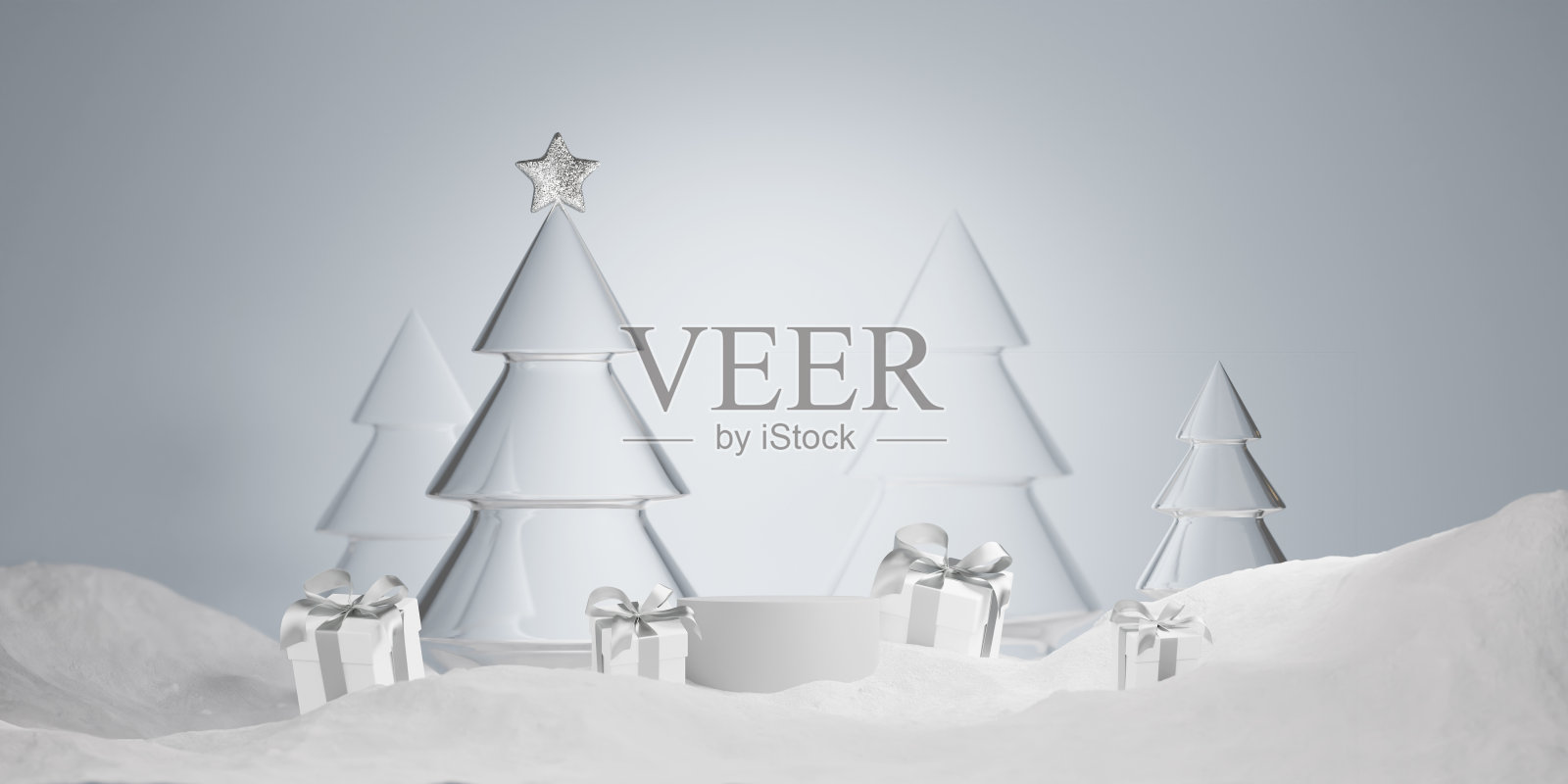 3D圣诞背景，带礼盒和雪花的讲台展示。白色和银色的礼物。品牌和产品展示。最小的淡蓝色底座陈列柜。摘要，冬季三维渲染照片摄影图片