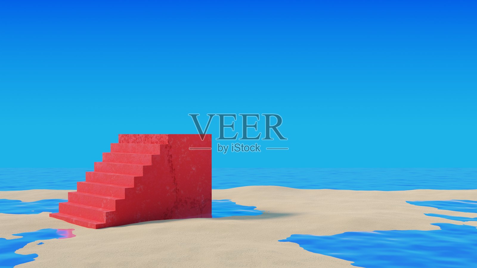 红色混凝土楼梯上的沙滩与大海。抽象极简的超现实背景。3 d渲染插图。照片摄影图片