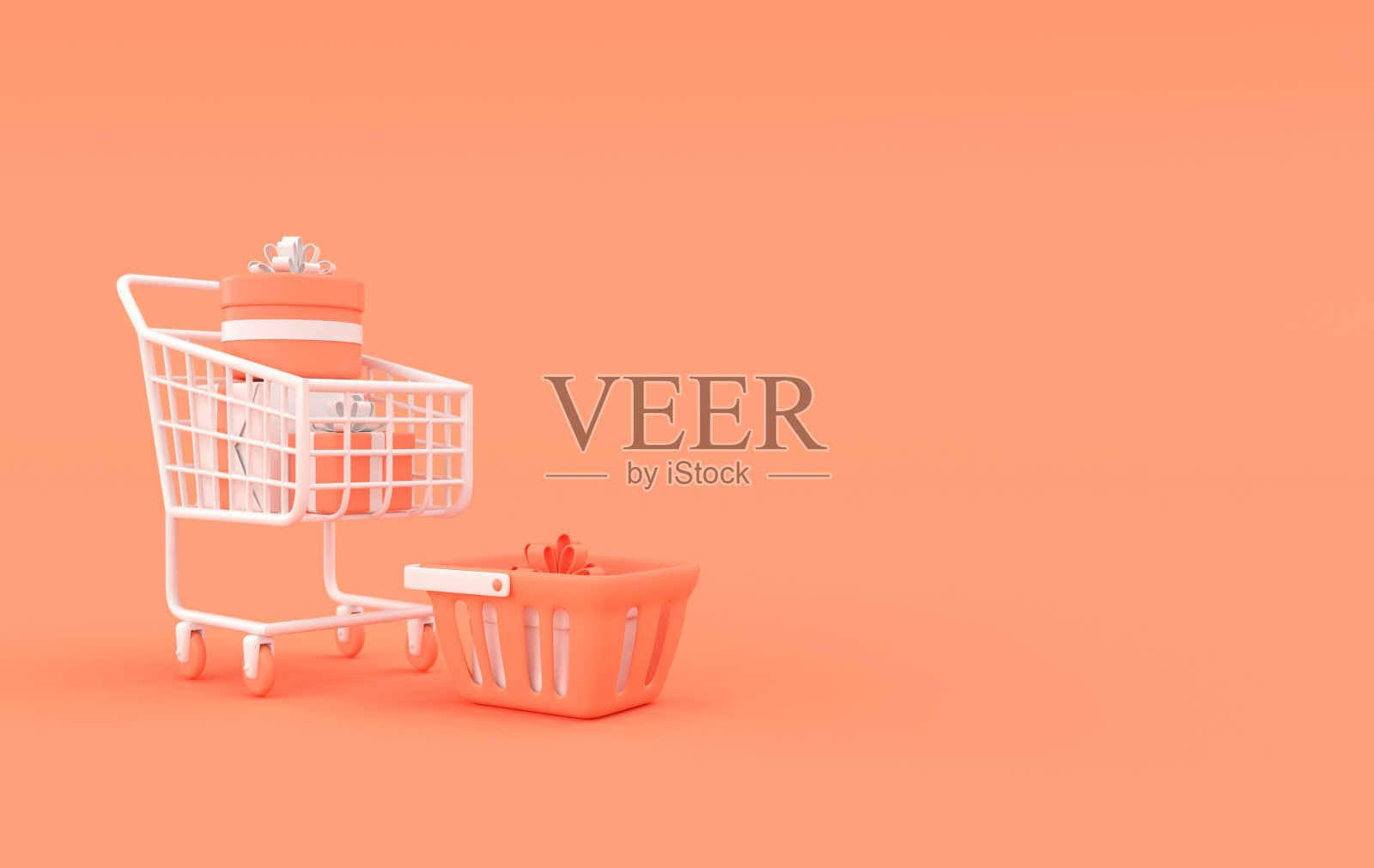 购物篮和购物车与礼品盒3d渲染。照片摄影图片