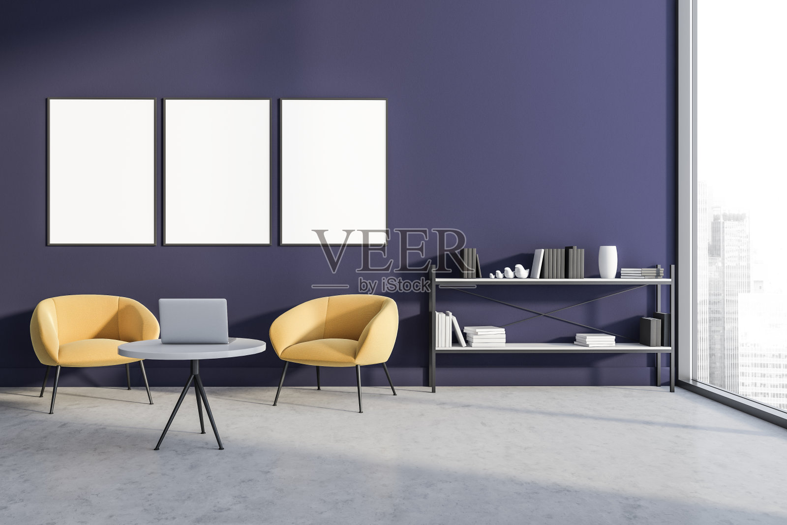 画廊室内有三张白色的空海报照片摄影图片