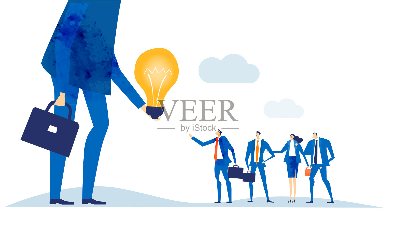 “大老板”和他的团队成员握手，并给他们一个灯泡作为伟大想法的象征。协同工作，控制，支持和咨询概念业务说明插画图片素材